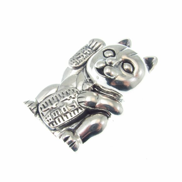 Solid 925 Sterling Silver Lucky Cat / Maneki Neko Slide Pendant Japanese Fortune - Picture 6 of 8